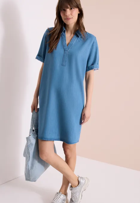 Knielange jurk in denimlook mid blue wash