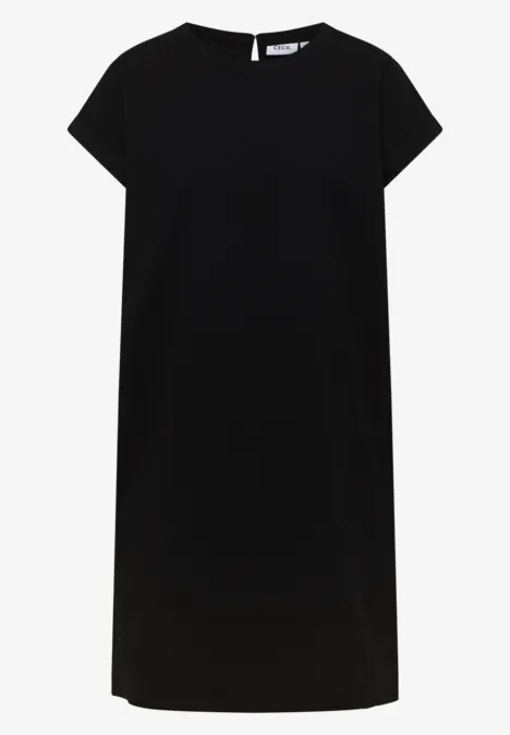 Eenvoudige zwarte T-shirtjurk, knielang, korte mouwen.