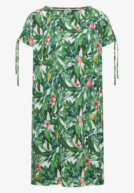 Midikleding met korte mouwen, groen blad- en bloemenprint en zijstrikjes.