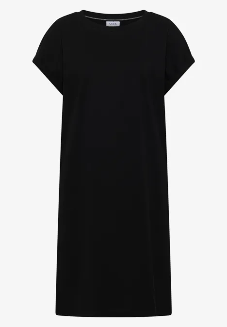 Zwarte T-shirtjurk met korte mouwen, losse en rechte pasvorm.