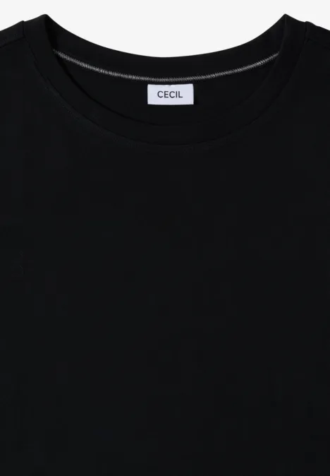 Zwart T-shirt met korte mouwen, ronde hals en CECIL-label in de nek.