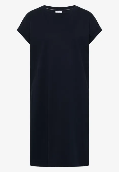 Een eenvoudig donkerblauw T-shirtjurk met korte mouwen en rechte pasvorm.