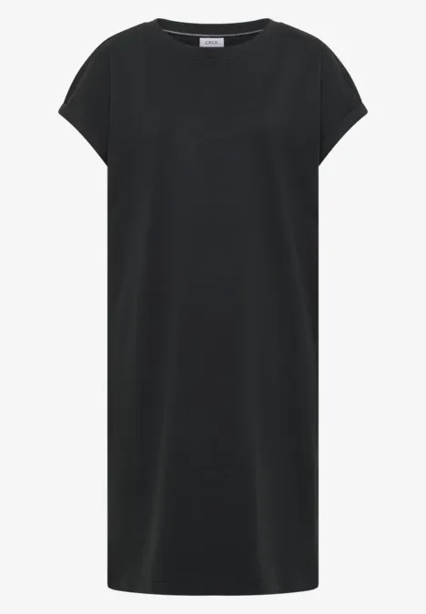 Effen zwarte T-shirtjurk met korte mouwen en knielang model.