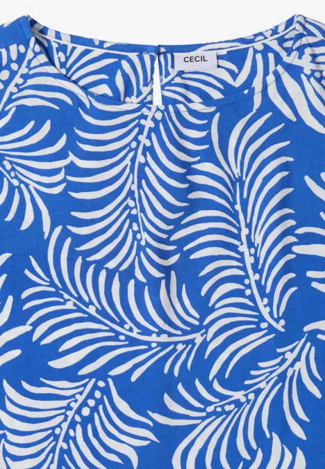Knielanges Kleid mit Capsleeves surf blue Blaues Top mit weißem Blattmuster