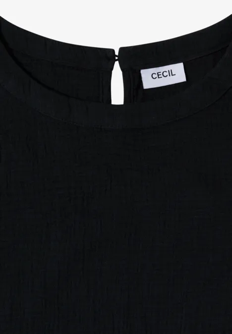 Schwarzes, strukturiertes Oberteil mit rundem Ausschnitt, Knopfverschluss hinten und Markenlabel „CECIL“ am Nacken.