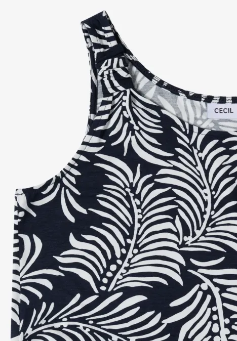 Donkerblauw mouwloos topje met wit bladmotief van het merk CECIL.