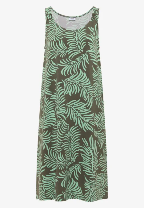 Mouwloze maxi-jurk in bruin met een licht turquoise bladerenpatroon.