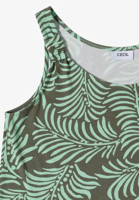 Asymmetrische groene top met tropisch bladpatroon en enkele schouderband.