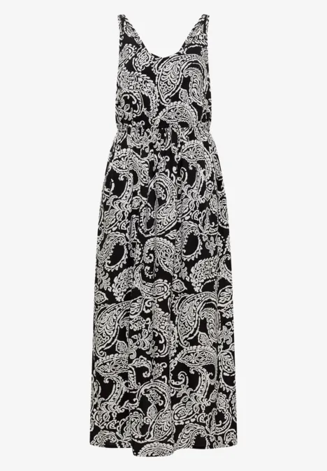 Schwarzes, ärmelloses Maxikleid mit weißem Paisleymuster und V-Ausschnitt
