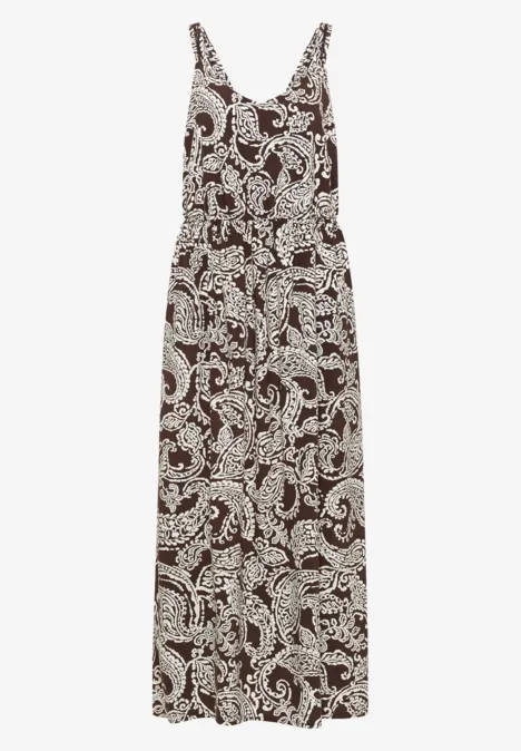 Maxikleid mit V-Neck und Print brown cacao Ärmelloses Maxikleid mit V-Ausschnitt und braun-weißem Paisley-Muster.