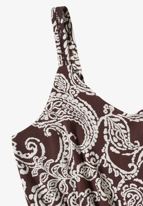 Maxikleid mit V-Neck und Print brown cacao Braun-weiß gemusterter Damen-Top mit Spaghettiträgern und floraler Stickerei.