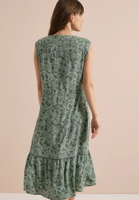 Midikleid mit Split Neck und Print khaki Frau von hinten in ärmellosem, grünen Kleid mit floralem Muster