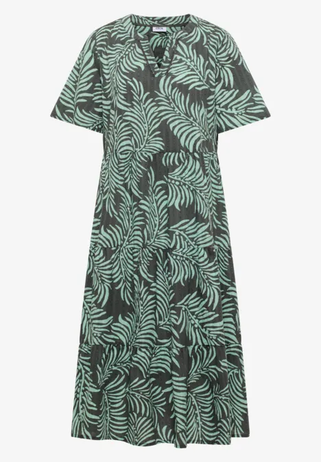 Midikleid mit Split Neck und Print khaki Schwarzes Midikleid mit grünem Blattmuster, V-Ausschnitt, Knopfleiste und kurzen Ärmeln.