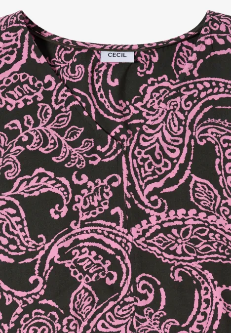 Midikleid mit V-Neck und Print raw khaki Schwarze Bluse mit kontrastierendem rosa Paisley-Muster und V-Ausschnitt.