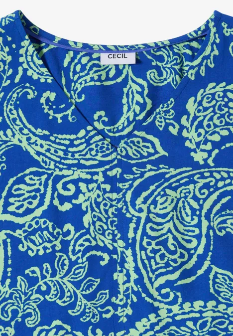 Midikleid mit V-Neck und Print surf blue Ärmelloses Top in kräftigem Blau mit hellgrünem Paisley-Muster und CECIL-Label.