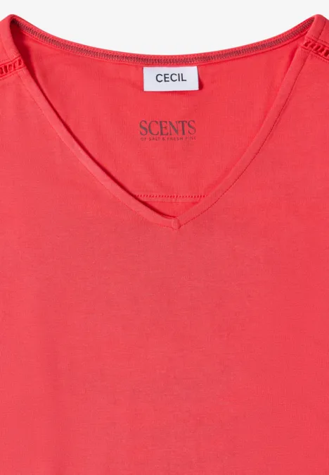 Knielanges Jerseykleid mit V-Neck coral Rotes V-Shirt mit V-Ausschnitt und CECIL-Label