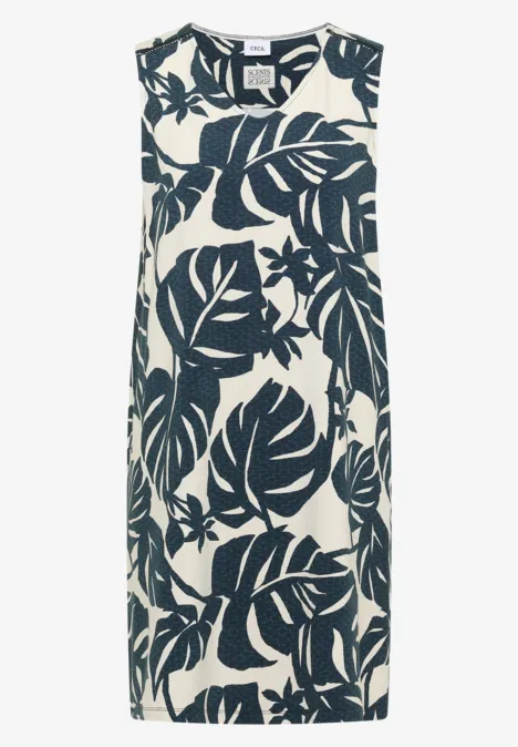 Knielanges Jerseykleid mit V-Neckund Print palm breeze green Ärmelloses, knielanges Kleid mit großem dunkelblauem Blattmuster auf hellem Hintergrund