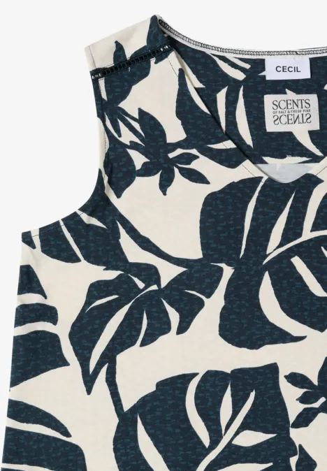 Knielanges Jerseykleid mit V-Neckund Print palm breeze green Weißes ärmelloses Top mit dunkelblauem Blattmuster und Label 'CECIL Scents of India'.
