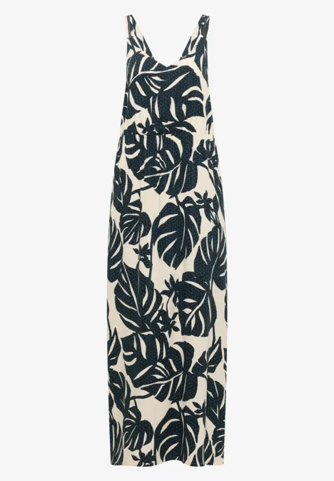 Maxikleid mit V-Neck und Print palm breeze green Ärmelloses Maxikleid mit dünnen Trägern und großem dunkelgrünem Monstera-Blättermuster auf cremegrund.