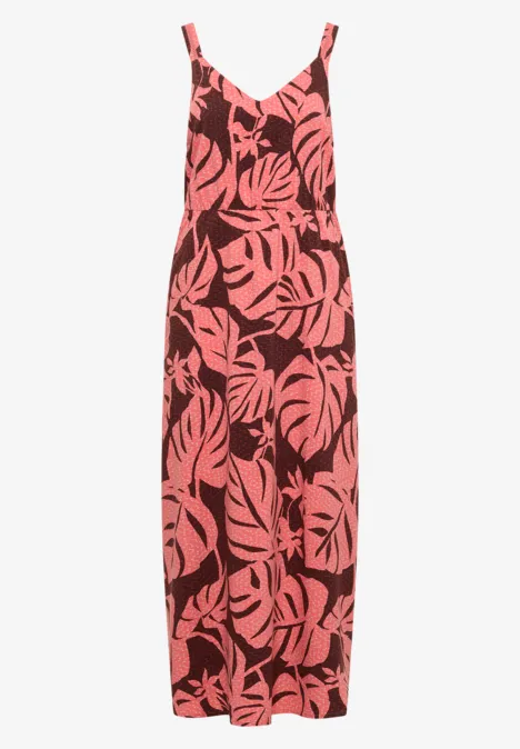 Maxikleid mit V-Neck und Print coral Ärmelloses Maxikleid mit Spaghettiträgern und großem Blattmuster in Rosa und Dunkelbraun.