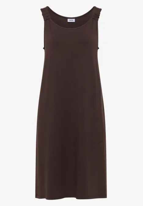 Eenvoudige bruin mouwloze midi-jurk met ronde hals, losvallend en casual.