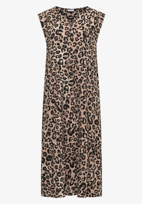 Midi-Kleid mit Split Neck und Leo-Print urban taupe Ärmelloses Midi-Kleid mit klassischem Leopardenmuster in Beige und Schwarz.