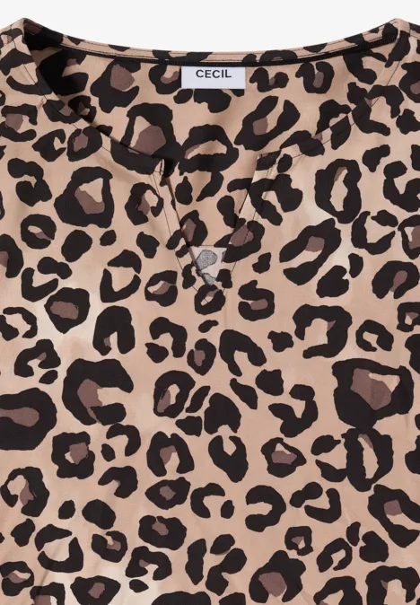 Midi-Kleid mit Split Neck und Leo-Print urban taupe Beiges Damen-Shirt mit schwarzem und dunkelbraunem Leopardenmuster