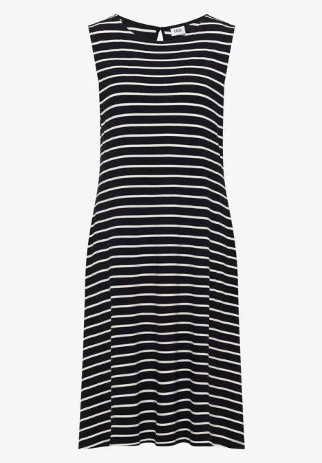 Robe sans manches mi-longue à rayures horizontales noires et blanches, coupe évasée