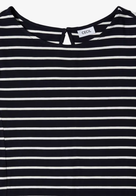 T-shirt rayé noir et blanc pour femme avec encolure ronde et étiquette CECIL dans le dos
