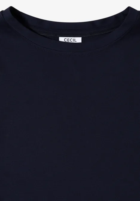 Knielanges Kleid mit Strukturmix urban dark blue Schlichtes dunkelblaues T-Shirt mit Rundhalsausschnitt und 'CECIL'-Label am Kragen.