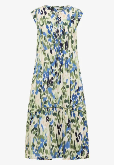 Midikleid mit Split Neck und Print cashmere beige Ärmeloses Midikleid mit abstraktem Blumen- und Blattmuster in Blau und Grün