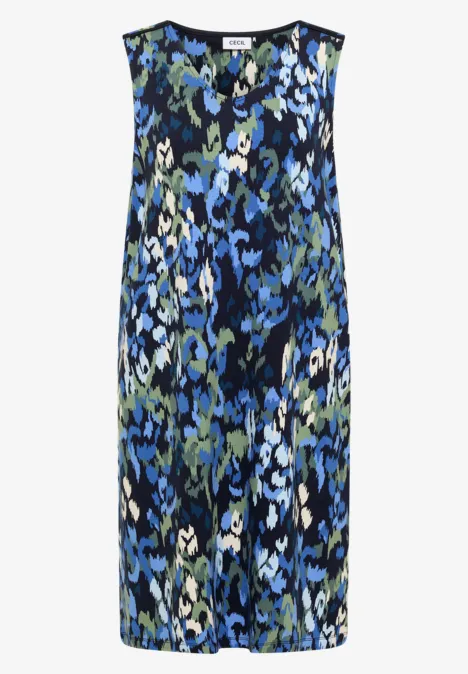 Ärmelloses knielanges Kleid mit rundem Ausschnitt und abstraktem Muster in Blau-, Grün- und Schwarztönen.