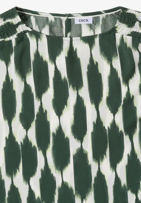 Knielanges Kleid mit Capsleeves und Print vanilla white Grün-weiß gemustertes Damenoberteil mit Pinselstrichdesign, Rundhalsausschnitt von Cecil.