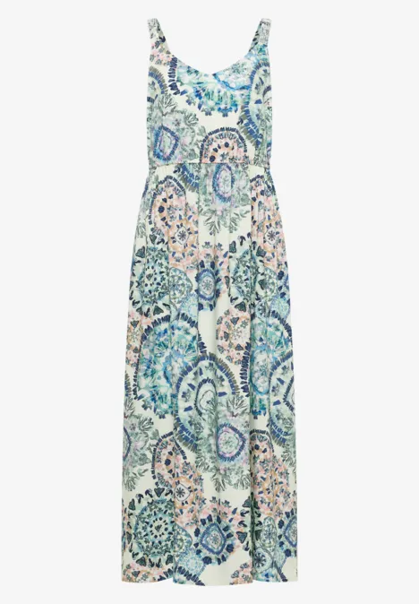Ärmelloses, langes Sommerkleid mit blau-grünem Mosaikprint und lockerem Schnitt