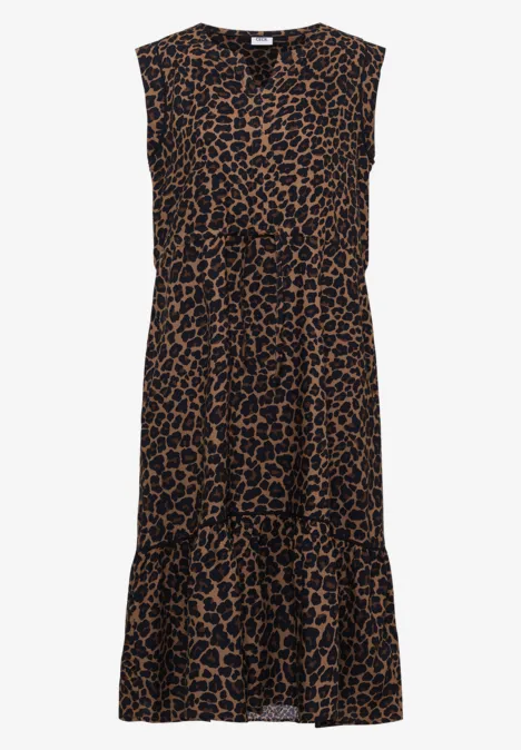 Ärmelloses Midikleid mit braun-schwarzem Leopardenmuster, Taillenschnürung und Volantsaum.