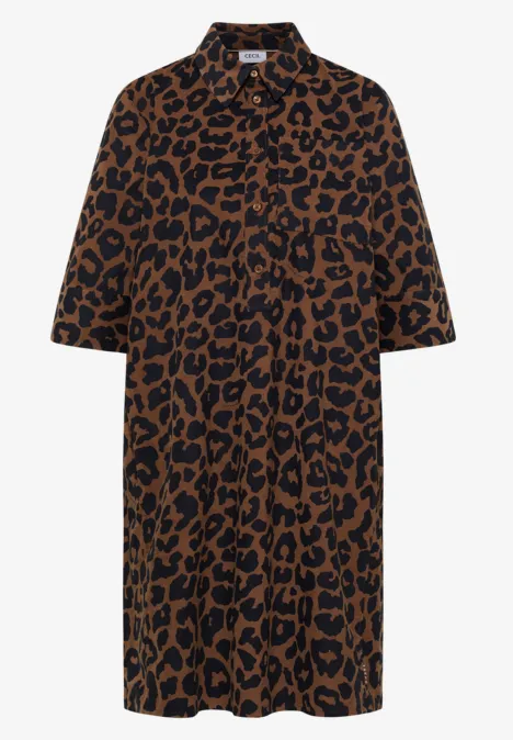 Braunes Hemdblusenkleid mit schwarzem Leopardenmuster, halblang