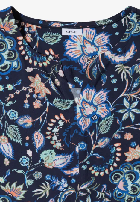 Midikleid mit Split Neck und Print urban dark blue Dunkelblaue Bluse mit buntem Blumenmuster und kleinen Rüschen am Ausschnitt.