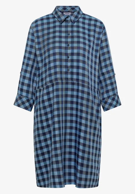 Knie-lange jurk met een fijn ruitjespatroon easy blue Blau kariertes Hemdkleid mit langen Ärmeln und Knopfleiste.