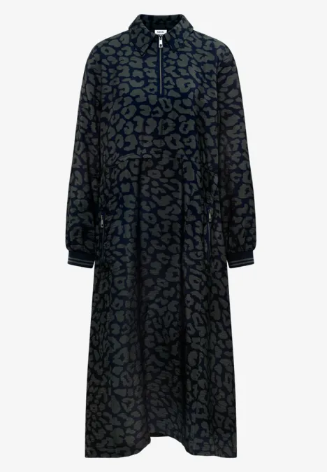 Midikleid mit Zipperdetail und Leo-Muster dark navy blue Schwarzes Midikleid mit dezentem Animal-Print, Knopfleiste und langen Ärmeln.