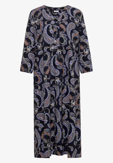Dunkelblaues, langes Kleid mit 3/4-Ärmeln und buntem Paisley-Muster.