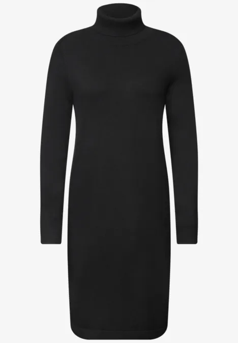 Schwarzes, langärmeliges Rollkragen-Strickkleid, knielang.