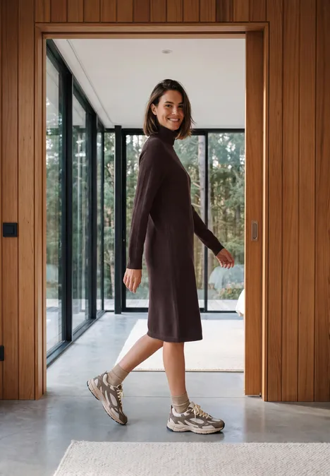 Une femme en robe marron et baskets marche dans un couloir moderne aux accents boisés.