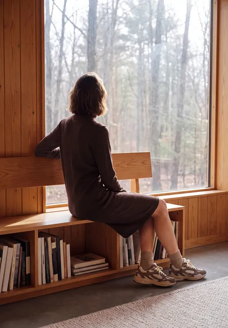 Une personne assise sur un banc en bois, regardant une forêt brumeuse à travers une grande fenêtre.