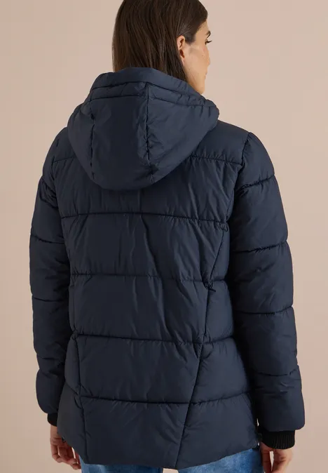 Puffer-Jacke in Midi-Länge mit Kapuze dark navy blue Dunkelblaue gesteppte Kapuzenjacke, Rückansicht