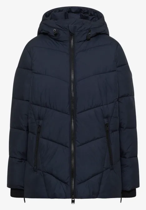 Puffer-Jacke in Midi-Länge mit Kapuze dark navy blue Dunkelblaue gesteppte Kapuzenjacke mit Reißverschluss und Seitentaschen