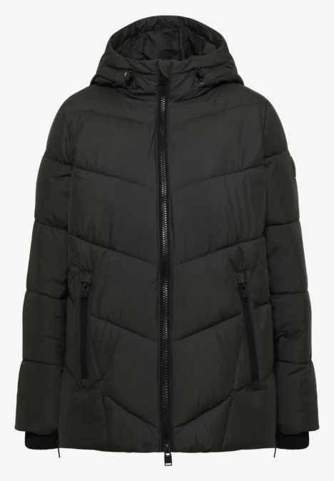 Dunkle, gesteppte Winterjacke mit Kapuze und Reißverschluss.