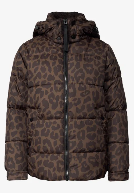 Steppjacke mit Kapuze und Reißverschluss dark toffee brown Braune Steppjacke mit Kapuze und Leopardenmuster