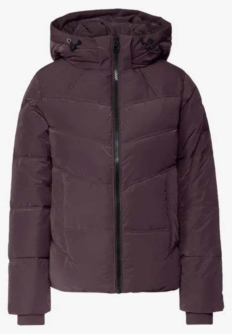 Dunkelviolette Steppjacke mit Kapuze, Reißverschluss und lässiger Passform.