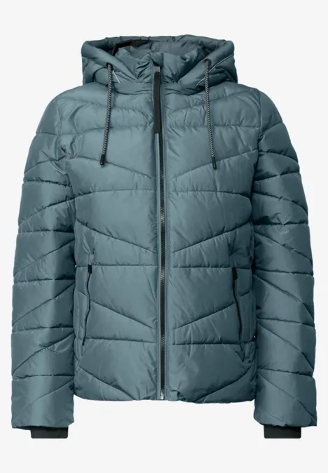 Dunkelgraue, wattierte Kapuzenjacke mit Reißverschluss und Taschen.