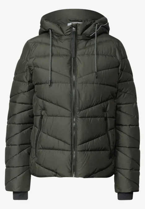 Dunkelgrüne, gesteppt Winterjacke mit Kapuze und Reißverschluss, seitlichen Taschen und schmalen Bündchen